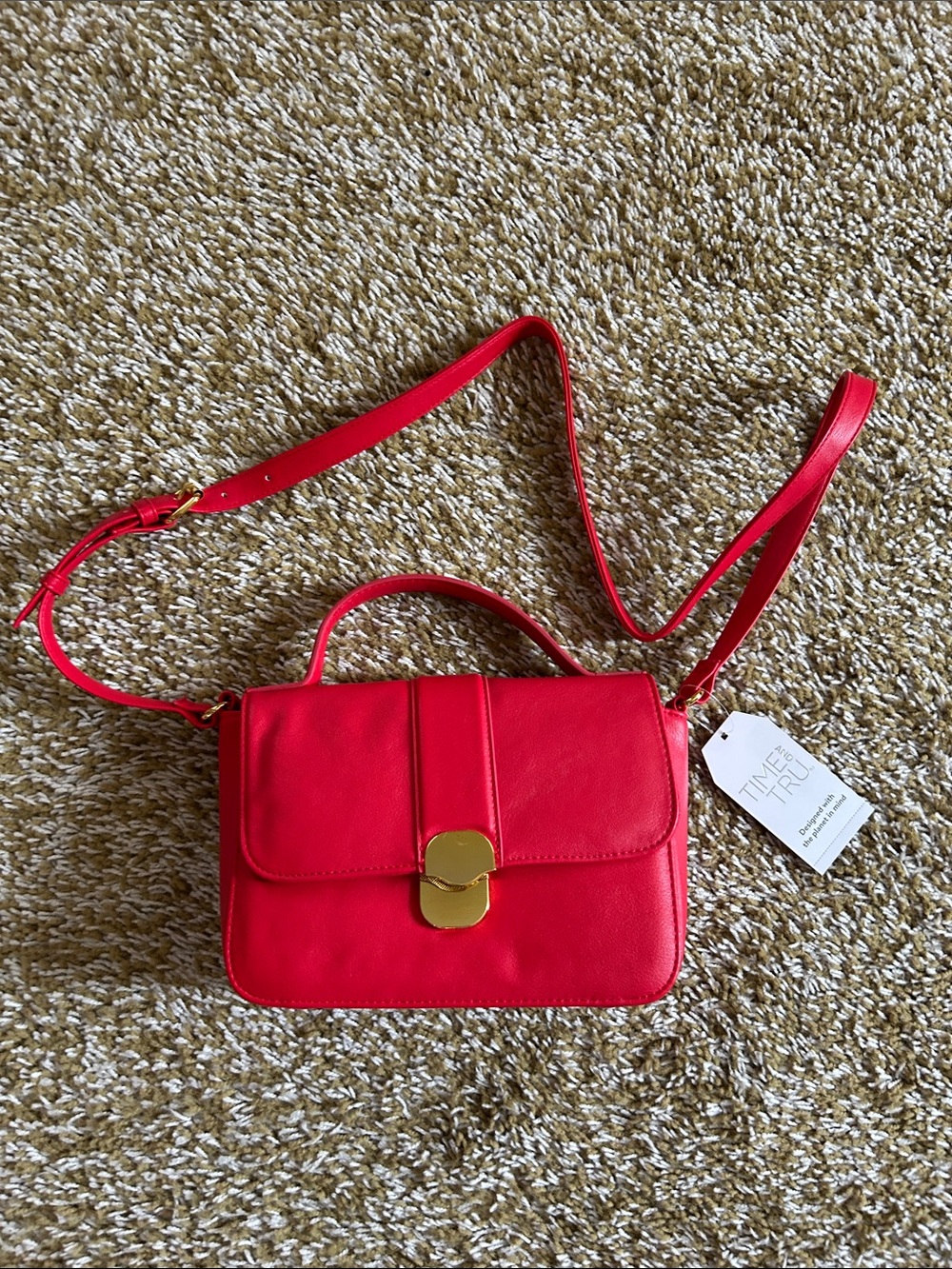 Time and Tru Red Crossbody Satchel with Gold Hardware